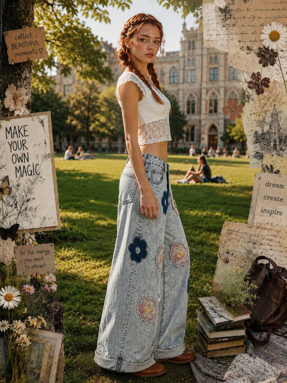 POL Boho Vintage 70s Floral Flower Patch Baggy Flowy Wide Leg Denim Jeans NWT - Picture 5 of 13